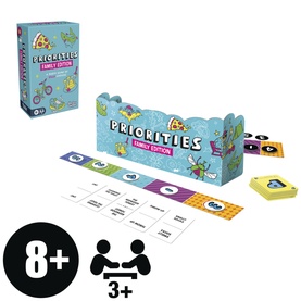 Priorities Family Edition card game, multi-coloured box with cards laid out, for ages 8+, 3+ players