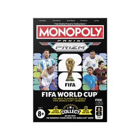 Monopoly Panini Prizm FIFA World Cup board game, multi-coloured box featuring football players and trophy graphics, ages 8+