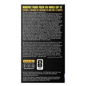 Monopoly Panini Prizm FIFA World Cup 26 board game, back of box showing contents, card types and multilingual text