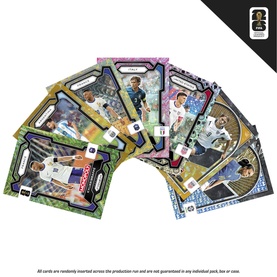 Board Games Monopoly multi-coloured holographic trading cards fanned out, featuring football player imagery with gold and silver borders
