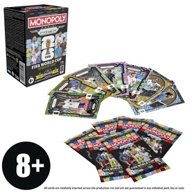 Monopoly FIFA World Cup trading card game set with collector tin, card packs, and multiple game cards fanned out. Suitable for ages 8+