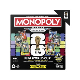 Monopoly Panini Prizm FIFA World Cup board game in black and multi-colour packaging, featuring FIFA 26 World Cup branding