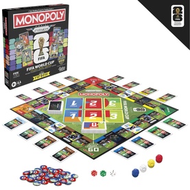 Monopoly FIFA World Cup edition board game showing colourful game board, property cards, tokens, and dice, multi-coloured