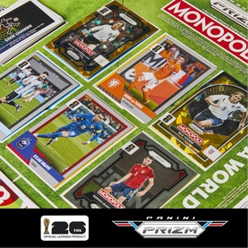 Monopoly Panini Prizm football card edition board game with multicoloured trading cards featuring football players