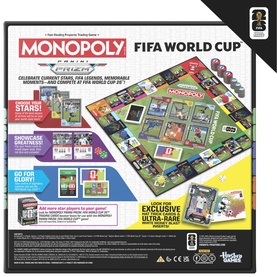Monopoly FIFA World Cup board game back of box showing game features, components, and FIFA star player card inserts