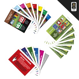 Board Games Monopoly multi-coloured card sets fanned out, showing two groups of vibrant game cards in assorted colours