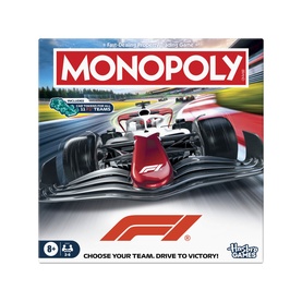 Monopoly F1 Formula 1 Edition board game box featuring racing car artwork, multi-coloured design, for ages 8 and up