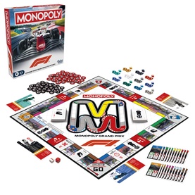 Monopoly Formula 1 Grand Prix board game showing full game board, colourful playing pieces, cards, and dice, with box displayed behind.
