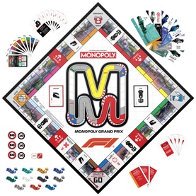 Monopoly Grand Prix F1 board game, multi-coloured, shown with board, cards, tokens, and game pieces spread out