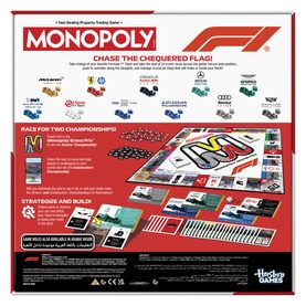 Monopoly F1 Edition board game back of box showing gameplay instructions, components overview and race championship features in multi-colour design.