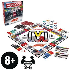Monopoly Grand Prix F1 edition board game with playing pieces, cards, and dice, suitable for 2&ndash;6 players aged 8+