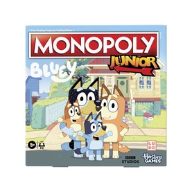 Monopoly Junior Bluey edition board game box featuring Bluey characters, colourful artwork, for ages 5+