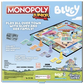 Bluey Monopoly Junior board game back of box showing game board, tokens, and play instructions. Multi-coloured Bluey-themed edition.