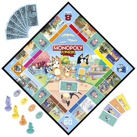 Monopoly Junior Bluey edition board game, multi-coloured board with Bluey characters, includes tokens, cards, and play money