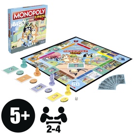 Monopoly Junior Bluey edition board game, multi-coloured, for ages 5 and up, 2&ndash;4 players, with game board, tokens, and cards