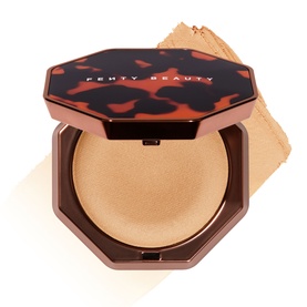 Fenty Beauty Sun Stalk'r Souffl&eacute; Pressed Mousse Cream Bronzer in tortoiseshell compact with warm golden-bronze powder swatch