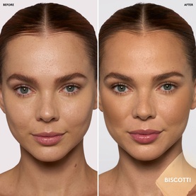 Fenty Beauty Sun Stalk'r Souffl&eacute; Pressed Mousse Cream Bronzer before and after comparison showing natural skin versus bronzed, sculpted finish in