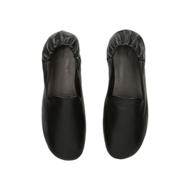 Ganni black leather ballet flats with ruched elasticated trim, flat sole, overhead shot
