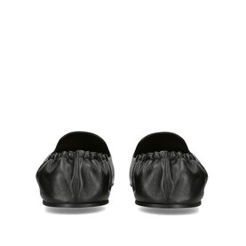 Ganni black leather ballet flats with ruched gathered back detail, shown from rear angle, flat sole