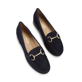 Carvela Comfort blue suede loafers with gold snaffle-bit hardware detail and flat sole, shown as a pair from above.