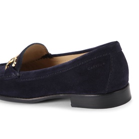 Carvela Comfort blue suede loafer with gold-tone chain detail and black flat sole, rear three-quarter view