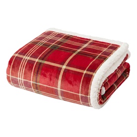 Deyongs red tartan throw, folded to show plush fleece top and cream sherpa fleece reverse