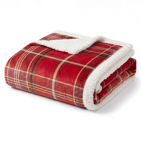 Deyongs red tartan throw, folded to show cream sherpa fleece reverse lining