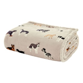 Deyongs oatmeal dog-print fleece throw, folded to show sherpa reverse and all-over breed illustrations