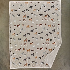 Deyongs oatmeal throw with all-over multicoloured dog breed print, shown flat with sherpa reverse visible at corner