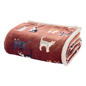 Deyongs brick cat-print fleece throw with sherpa reverse, folded to show multicolour cat motifs on rust-red ground