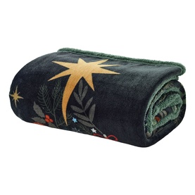 Deyongs navy throw folded, featuring gold star and festive botanical print with green sherpa reverse