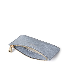 Aspinal of London sky blue pebbled leather zip pouch with gold-tone zipper and pull tab, slim flat design