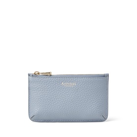 Aspinal of London Sky Blue pebbled leather zip pouch with gold-tone zip pull and embossed logo detail.