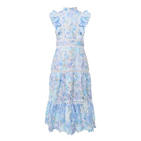 Elliatt dress in bluemulti with floral print, ruffle trim, lace inserts, high neck, and tiered midi skirt