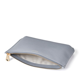 Aspinal of London Sky Blue pebbled leather pouch, open to show cream lining, gold-tone zip hardware