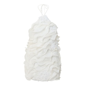 Elliatt white halterneck mini dress with layered ruffle texture and lace embellishment detail throughout