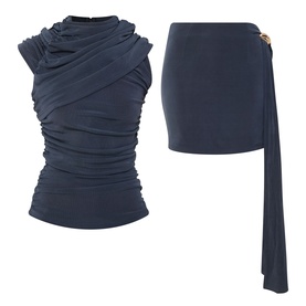 Elliatt Marisol Ruched Top & Skirt Set in charcoal, featuring draped mock-neck top with asymmetric sleeves and mini skirt with gold-tone hardware