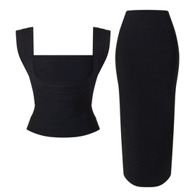 Elliatt black midi skirt with matching square-neck crop top, structured ribbed fabric, shown as a coordinated two-piece set
