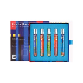 Escentric Molecules Escentric Discovery fragrance set, five multicoloured travel spray vials in a blue gift box