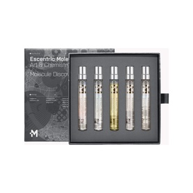 Escentric Molecule Fragrance Discovery Set containing 5 miniature EDT spray vials in a branded black gift box