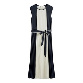 Hobbs midnight ivory sleeveless pleated midi dress with colour block panels and self-tie waist belt