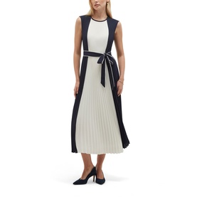 Model wearing Hobbs midnight and ivory sleeveless pleated midi dress with contrast belt tie, styled with black heels