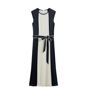 Hobbs midnight ivory sleeveless pleated midi dress with colour block panels and self-tie waist belt