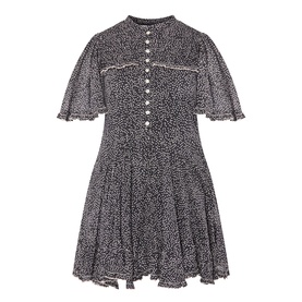 Isabel Marant Etoile black and ecru cotton mini dress with floral print, flutter sleeves, button front detail and frill hem