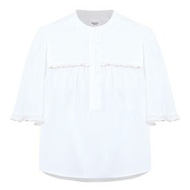Isabel Marant Etoile Douna Embroidered Blouse in white, round neck, pleated bib, scalloped embroidery, rickrack trim, three-quarter sleeves, ruffled