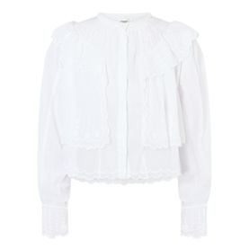 Isabel Marant Etoile white cotton blouse with ruffle bib front, embroidered hem detail, and long sleeves with lace cuffs