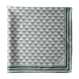 Prada grey silk pocket square with all-over geometric triangle print and contrast border stripe, Prada logo at corner