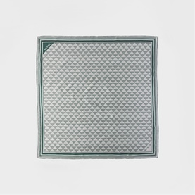 Sage green silk pocket square with all-over geometric triangle print and contrast dark green border edge.