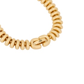 Jenny Bird gold bracelet with ridged disc links and engraved JB logo clasp, 14k gold-plated steel