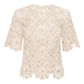 Kaffe Broken White floral crochet lace top with short sleeves and scalloped hem, silver-tone embellishments